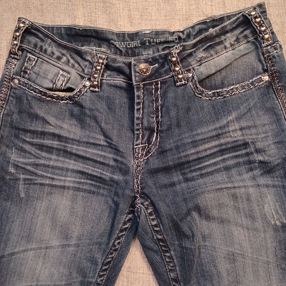 Cowgirl Tuff Distressed Blue Jeans with Studded Details Women's Size 29 X 35